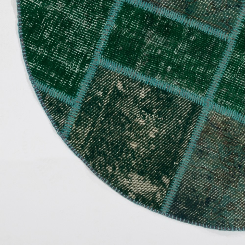 Round Hand-Knotted Green Turkish Patchwork Rug | Circular Vintage Overdyed Patchwork Carpet Round Hand-Knotted Green Turkish Patchwork Rug | Circular Vintage Overdyed Patchwork Carpet