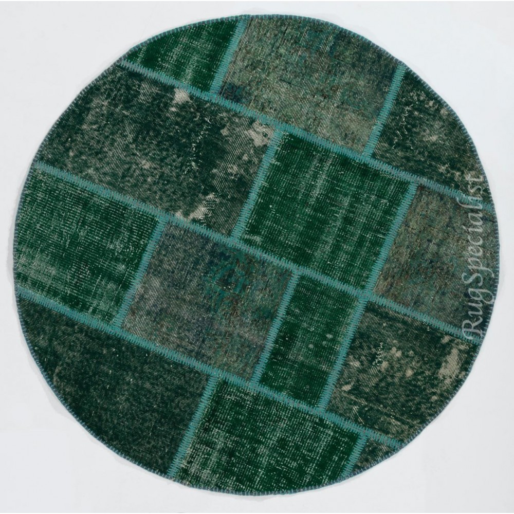 Round Handmade Turkish Patchwork Rug, Circular Vintage Re-Dyed Patchwork Carpet