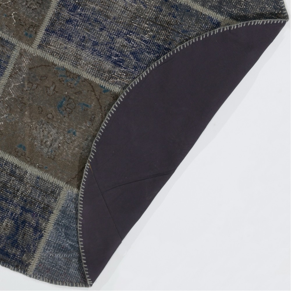 Round Hand-Knotted Gray and Blue Turkish Patchwork Rug | Circular Vintage Overdyed Patchwork Carpet