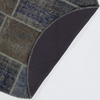 Round Hand-Knotted Gray and Blue Turkish Patchwork Rug | Circular Vintage Overdyed Patchwork Carpet Round Hand-Knotted Gray and Blue Turkish Patchwork Rug | Circular Vintage Overdyed Patchwork Carpet