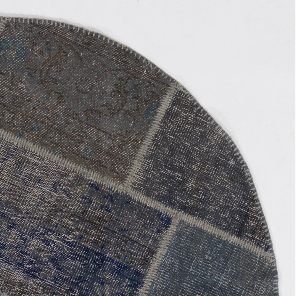 Round Hand-Knotted Gray and Blue Turkish Patchwork Rug | Circular Vintage Overdyed Patchwork Carpet