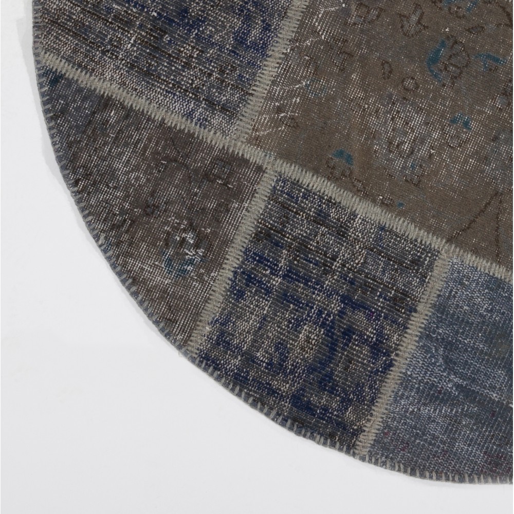 Round Hand-Knotted Gray and Blue Turkish Patchwork Rug | Circular Vintage Overdyed Patchwork Carpet