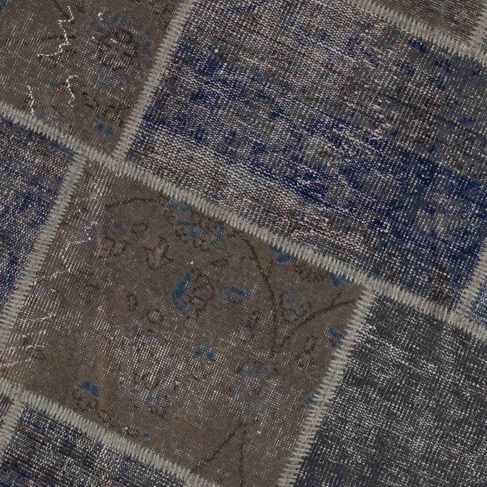 Round Hand-Knotted Gray and Blue Turkish Patchwork Rug | Circular Vintage Overdyed Patchwork Carpet