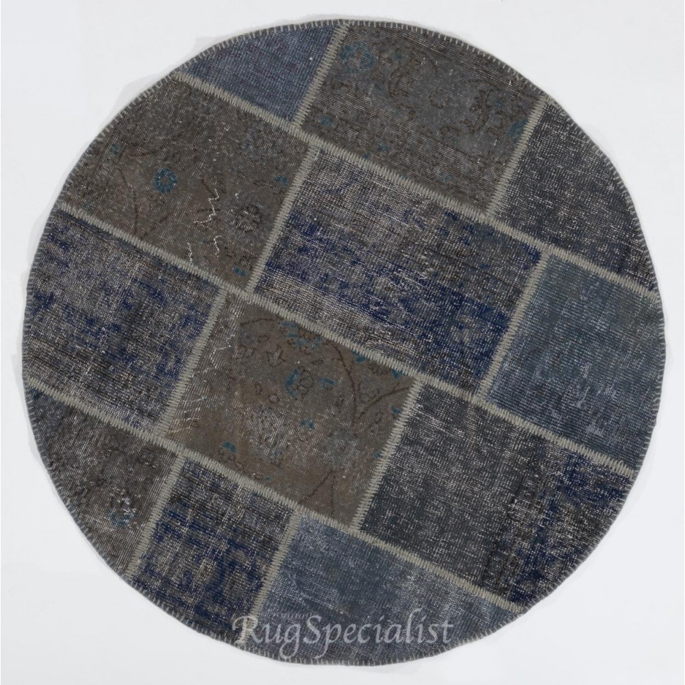 Round Handmade Turkish Patchwork Rug, Circular Vintage Re-Dyed Patchwork Carpet