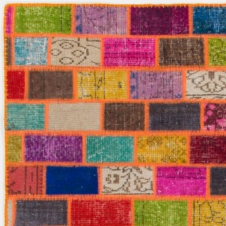 Colorful Brick Pattern Patchwork Rug | Bohemian Style Hand-Knotted Turkish Overdyed Carpet Colorful Brick Pattern Patchwork Rug | Bohemian Style Hand-Knotted Turkish Overdyed Carpet