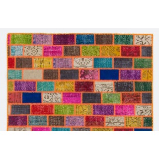 Cheerful Boho Decor Handmade Turkish Patchwork Rug for Modern Interiors. Vintage Wool Carpet in Vivid Colors. Cheerful Boho Decor Handmade Turkish Patchwork Rug for Modern Interiors. Vintage Wool Carpet in Vivid Colors.