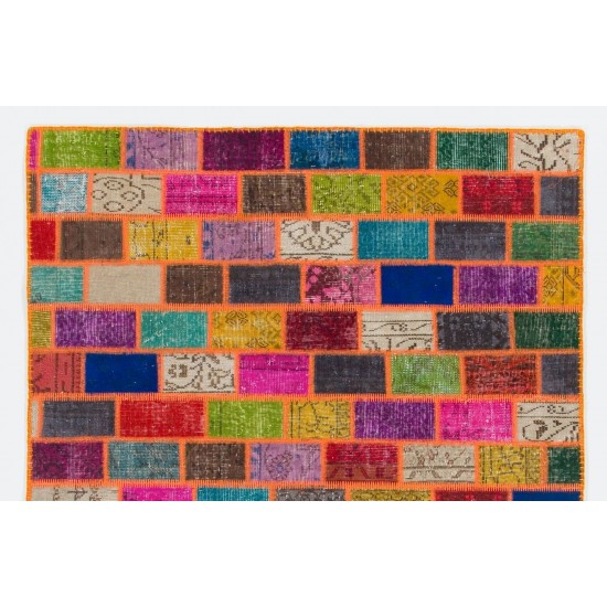 Cheerful Boho Decor Handmade Turkish Patchwork Rug for Modern Interiors. Vintage Wool Carpet in Vivid Colors.