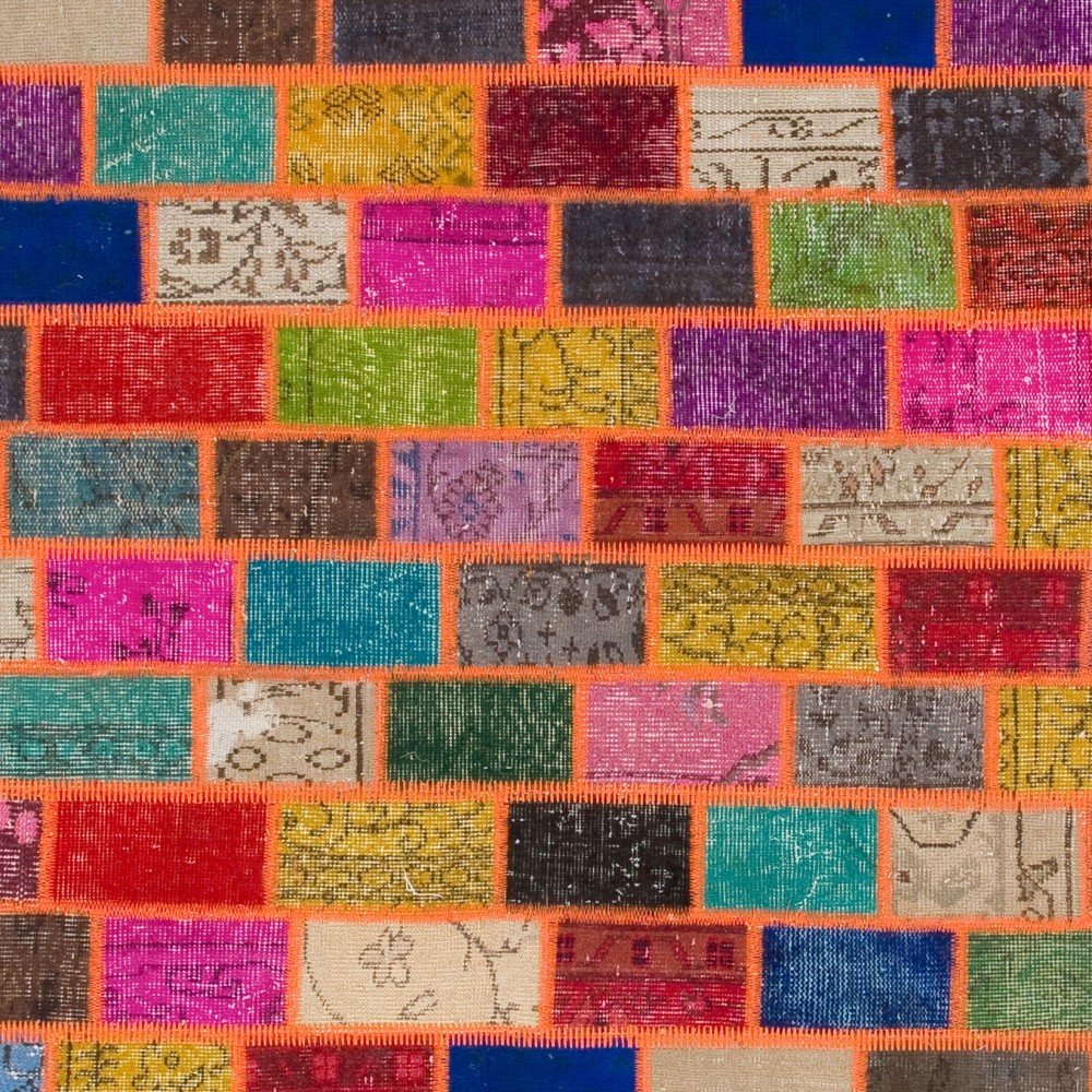 Colorful Brick Pattern Patchwork Rug | Bohemian Style Hand-Knotted Turkish Overdyed Carpet Colorful Brick Pattern Patchwork Rug | Bohemian Style Hand-Knotted Turkish Overdyed Carpet