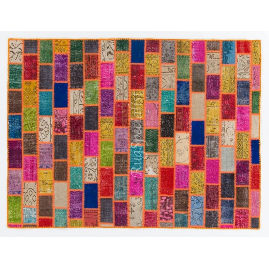 Cheerful Boho Decor Handmade Turkish Patchwork Rug for Modern Interiors. Vintage Wool Carpet in Vivid Colors.