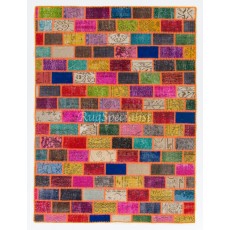 Colorful Brick Pattern Patchwork Rug | Bohemian Style Hand-Knotted Turkish Overdyed Carpet