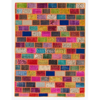 Cheerful Boho Decor Handmade Turkish Patchwork Rug for Modern Interiors. Vintage Wool Carpet in Vivid Colors.