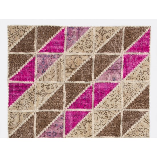 Beige, Brown and Pink Handmade Patchwork Rug. Diagonal Design Turkish Carpet for Living Room, Dining Room, Kitchen, Kids Room & Bedroom Deco