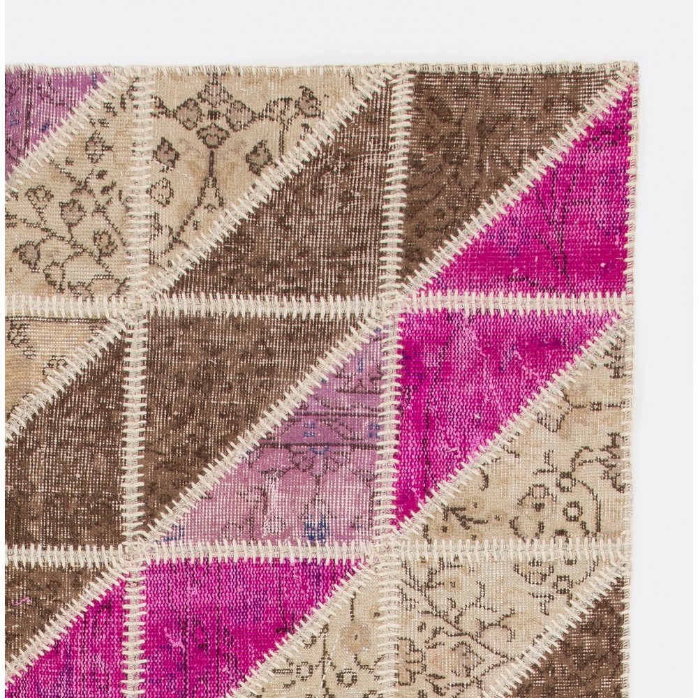 Geometric Triangle Pattern Brown, Beige and Pink Patchwork Rug | Hand-Knotted Turkish Vintage Carpet Geometric Triangle Pattern Brown, Beige and Pink Patchwork Rug | Hand-Knotted Turkish Vintage Carpet