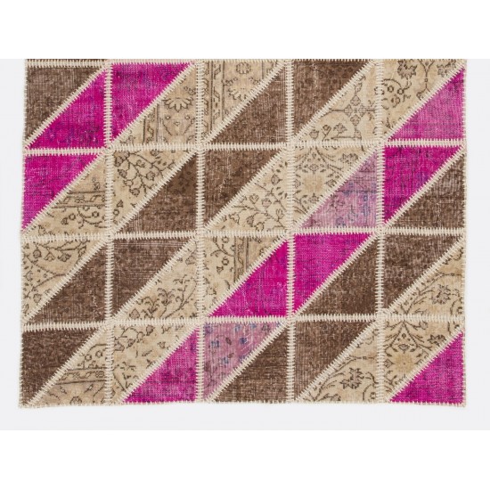 Beige, Brown and Pink Handmade Patchwork Rug. Diagonal Design Turkish Carpet for Living Room, Dining Room, Kitchen, Kids Room & Bedroom Deco