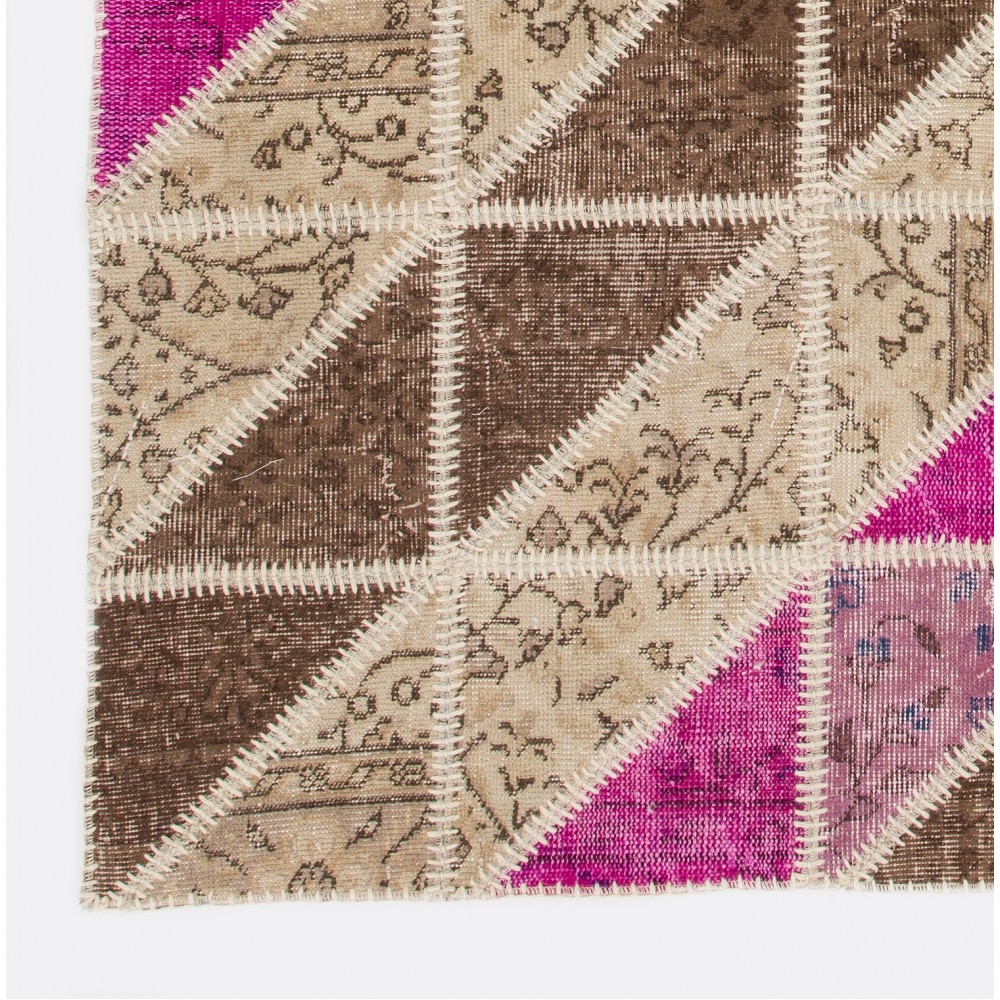 Geometric Triangle Pattern Brown, Beige and Pink Patchwork Rug | Hand-Knotted Turkish Vintage Carpet Geometric Triangle Pattern Brown, Beige and Pink Patchwork Rug | Hand-Knotted Turkish Vintage Carpet