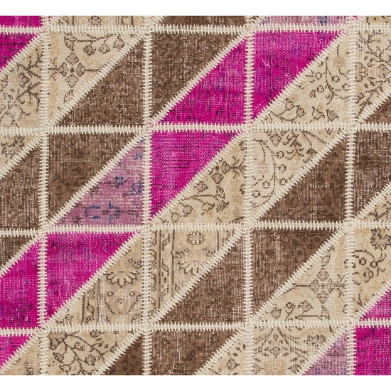 Beige, Brown and Pink Handmade Patchwork Rug. Diagonal Design Turkish Carpet for Living Room, Dining Room, Kitchen, Kids Room & Bedroom Deco