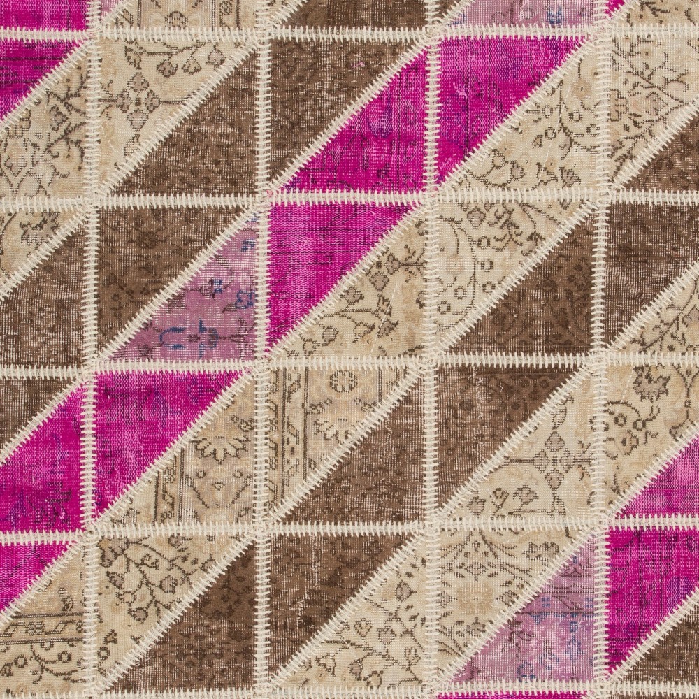 Geometric Triangle Pattern Brown, Beige and Pink Patchwork Rug | Hand-Knotted Turkish Vintage Carpet Geometric Triangle Pattern Brown, Beige and Pink Patchwork Rug | Hand-Knotted Turkish Vintage Carpet
