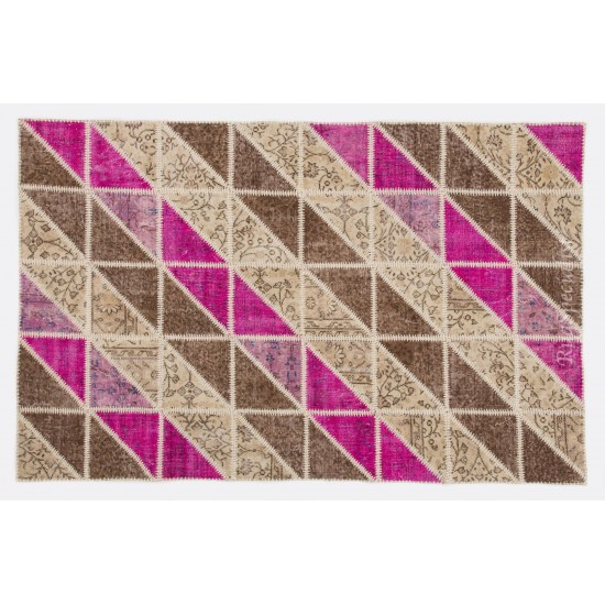 Beige, Brown and Pink Handmade Patchwork Rug. Diagonal Design Turkish Carpet for Living Room, Dining Room, Kitchen, Kids Room & Bedroom Deco