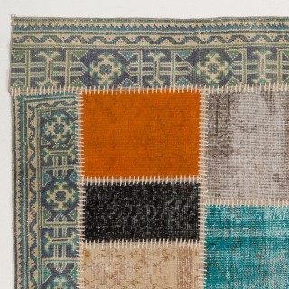 Vibrant Colorful Vintage Patchwork Rug | Hand-Knotted Turkish Border Pattern Carpet for Living Room and Kids Room Vibrant Colorful Vintage Patchwork Rug | Hand-Knotted Turkish Border Pattern Carpet for Living Room and Kids Room