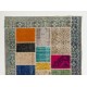 Handmade Patchwork Rug Made from Over-Dyed Vintage Carpets. Contemporary Border Pattern Area Rug in Vivid Colors