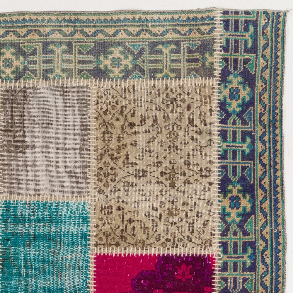 Vibrant Colorful Vintage Patchwork Rug | Hand-Knotted Turkish Border Pattern Carpet for Living Room and Kids Room Vibrant Colorful Vintage Patchwork Rug | Hand-Knotted Turkish Border Pattern Carpet for Living Room and Kids Room