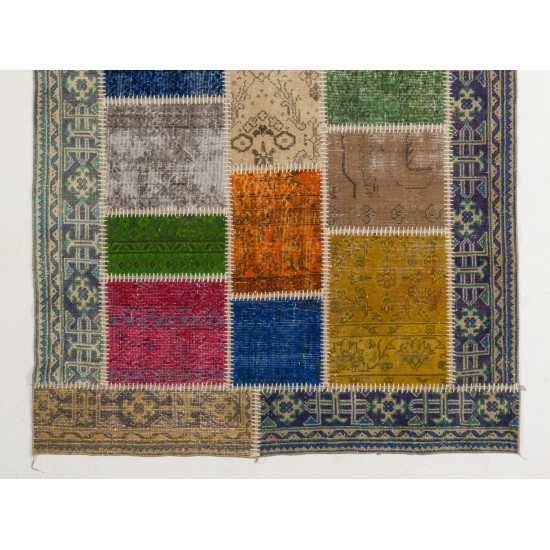 Handmade Patchwork Rug Made from Over-Dyed Vintage Carpets. Contemporary Border Pattern Area Rug in Vivid Colors Handmade Patchwork Rug Made from Over-Dyed Vintage Carpets. Contemporary Border Pattern Area Rug in Vivid Colors