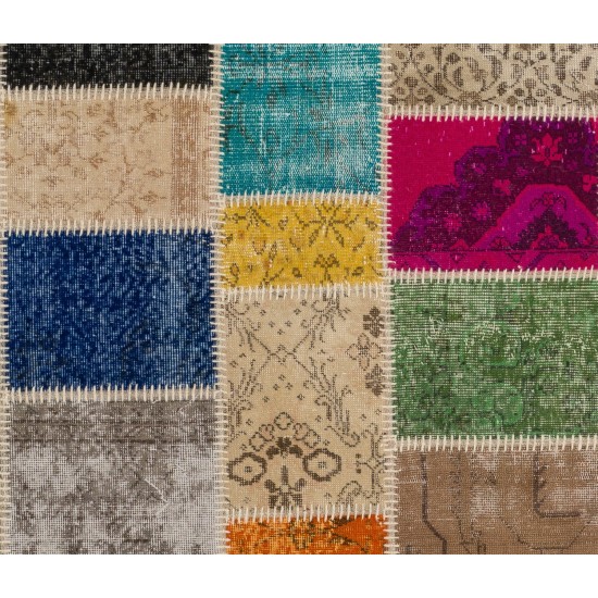 Handmade Patchwork Rug Made from Over-Dyed Vintage Carpets. Contemporary Border Pattern Area Rug in Vivid Colors