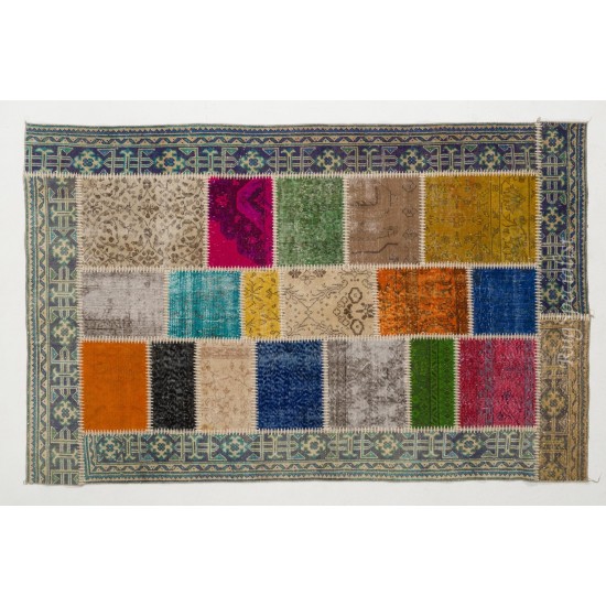 Handmade Patchwork Rug Made from Over-Dyed Vintage Carpets. Contemporary Border Pattern Area Rug in Vivid Colors