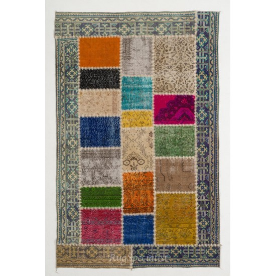 Handmade Patchwork Rug Made from Over-Dyed Vintage Carpets. Contemporary Border Pattern Area Rug in Vivid Colors