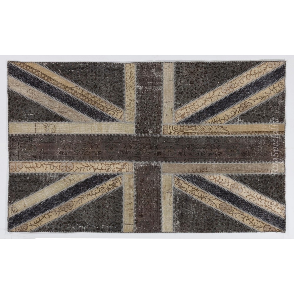 Union Jack British Flag Design Patchwork Rug Made from Re-Dyed Vintage Carpets