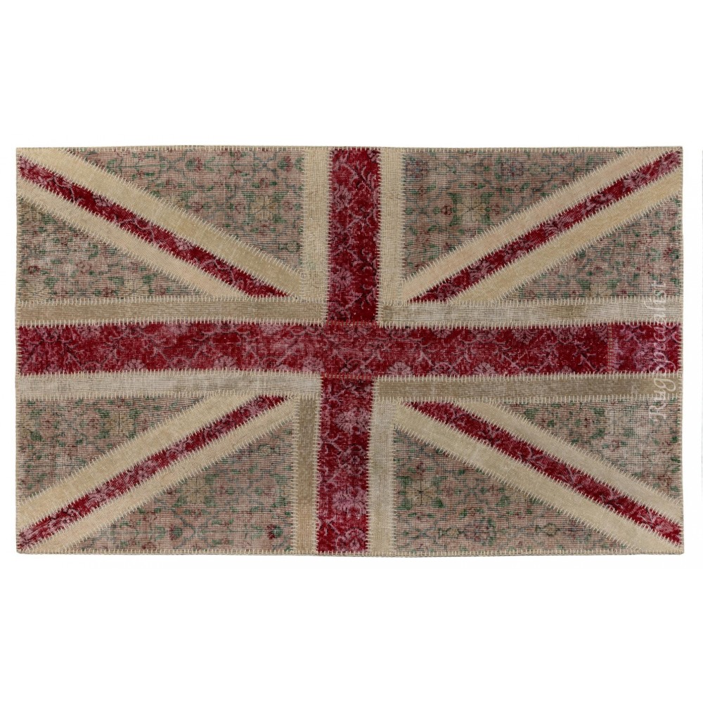 Union Jack British Flag Design Patchwork Rug Made from Re-Dyed Vintage Carpets