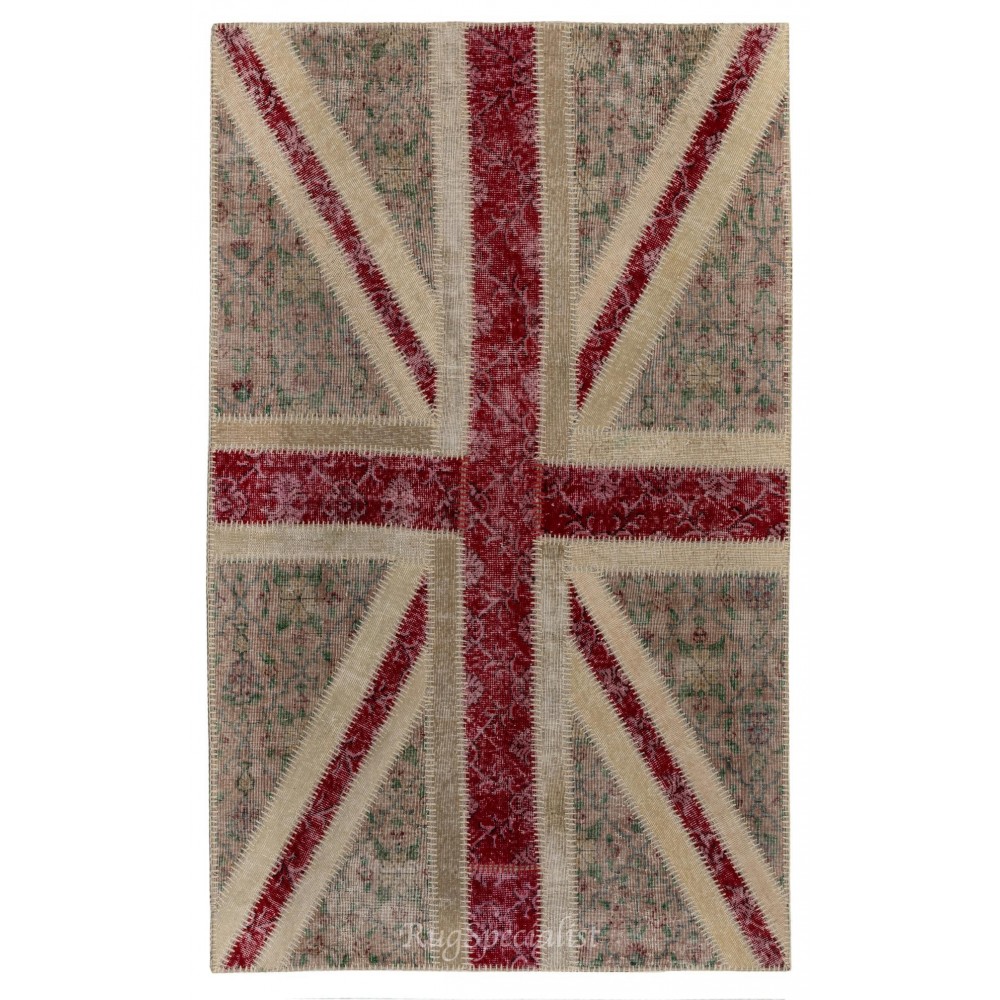 Union Jack British Flag Design Patchwork Rug Made from Re-Dyed Vintage Carpets