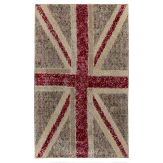 Union Jack British Flag Design Patchwork Rug Made from Re-Dyed Vintage Carpets