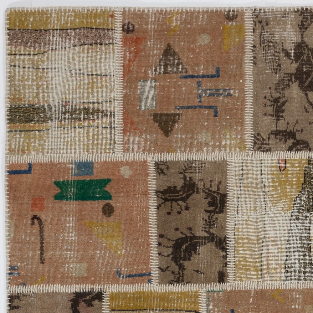 Vintage Beige and Brown Patchwork Rug | Hand-Knotted Turkish Wool Carpet for Living Room, Bedroom and Home Office Vintage Beige and Brown Patchwork Rug | Hand-Knotted Turkish Wool Carpet for Living Room, Bedroom and Home Office