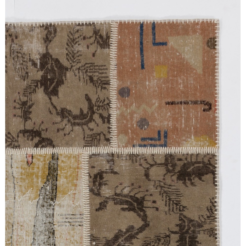 Vintage Beige and Brown Patchwork Rug | Hand-Knotted Turkish Wool Carpet for Living Room, Bedroom and Home Office Vintage Beige and Brown Patchwork Rug | Hand-Knotted Turkish Wool Carpet for Living Room, Bedroom and Home Office