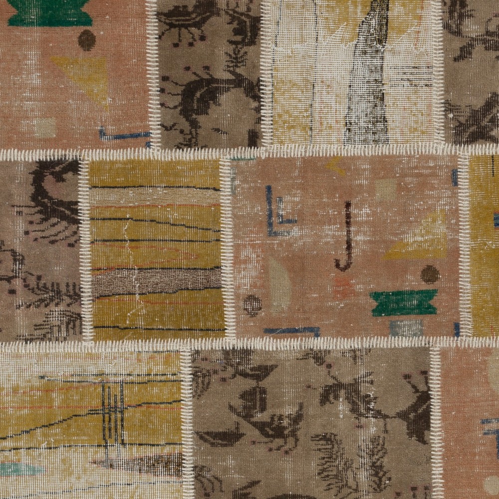 Vintage Beige and Brown Patchwork Rug | Hand-Knotted Turkish Wool Carpet for Living Room, Bedroom and Home Office Vintage Beige and Brown Patchwork Rug | Hand-Knotted Turkish Wool Carpet for Living Room, Bedroom and Home Office