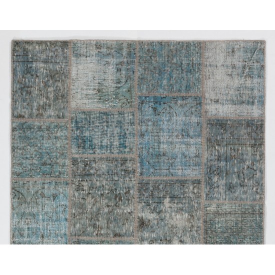 Patchwork Rug in Shades of Blue. Contemporary Distressed Handmade Wool Carpet. Custom Area Rug