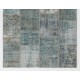 Patchwork Rug in Shades of Blue. Contemporary Distressed Handmade Wool Carpet. Custom Area Rug