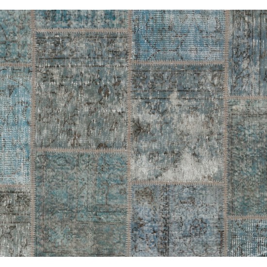 Patchwork Rug in Shades of Blue. Contemporary Distressed Handmade Wool Carpet. Custom Area Rug