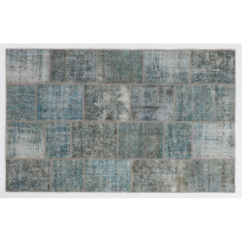 Patchwork Rug in Shades of Blue. Contemporary Distressed Handmade Wool Carpet. Custom Area Rug