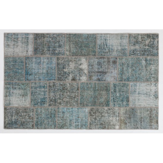 Patchwork Rug in Shades of Blue. Contemporary Distressed Handmade Wool Carpet. Custom Area Rug