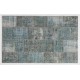 Patchwork Rug in Shades of Blue. Contemporary Distressed Handmade Wool Carpet. Custom Area Rug