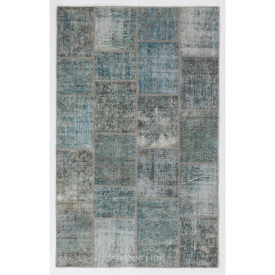 Patchwork Rug in Shades of Blue. Contemporary Distressed Handmade Wool Carpet. Custom Area Rug