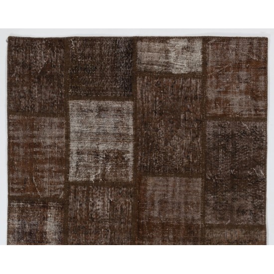 Brown Handmade Patchwork Rug, Home Decor Turkish Wool Carpet for Modern Interiors