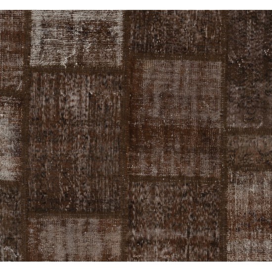 Brown Color Handmade Patchwork Rug Made from Over-Dyed Vintage Carpets