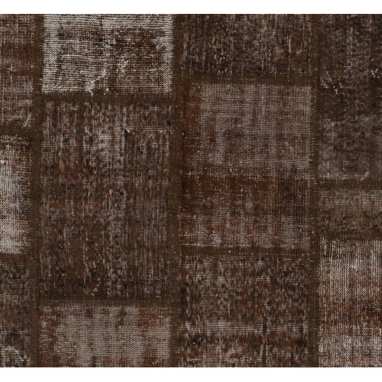 Brown Handmade Patchwork Rug, Home Decor Turkish Wool Carpet for Modern Interiors