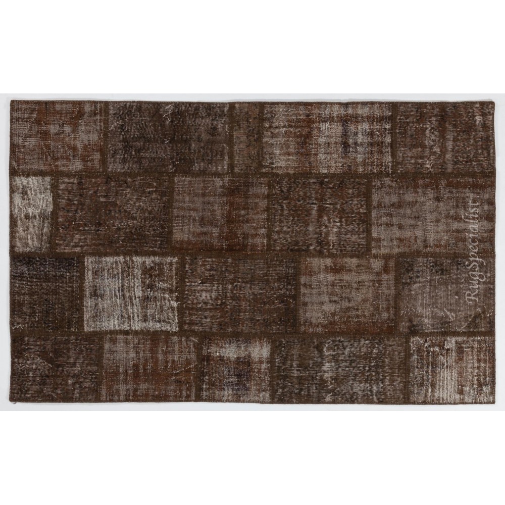 Brown Handmade Patchwork Rug, Home Decor Turkish Wool Carpet for Modern Interiors