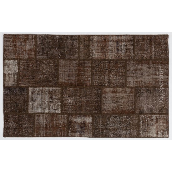 Brown Color Handmade Patchwork Rug Made from Over-Dyed Vintage Carpets