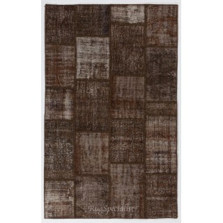 Brown Handmade Patchwork Rug, Home Decor Turkish Wool Carpet for Modern Interiors
