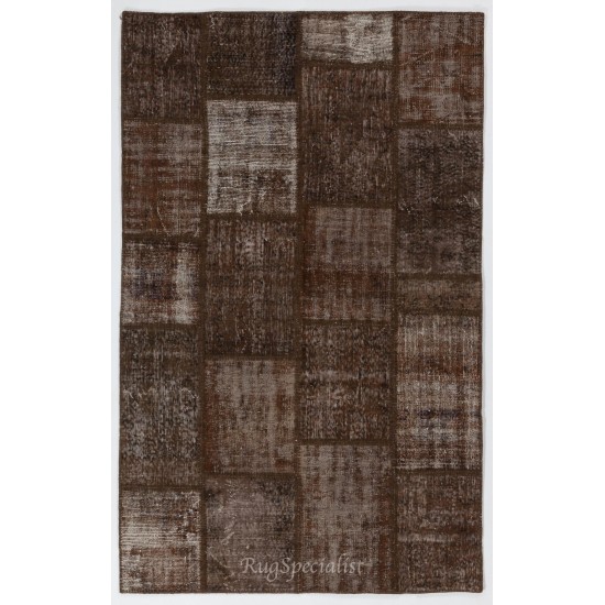 Brown Handmade Patchwork Rug, Home Decor Turkish Wool Carpet for Modern Interiors